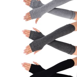 Bememo 3 Pairs Fingerless Gloves for Winter Knit Long Thumb Hole Arm Warmers Goth Elbow Length Women Fingerless Gloves (Black, Deep Grey, Light Grey)