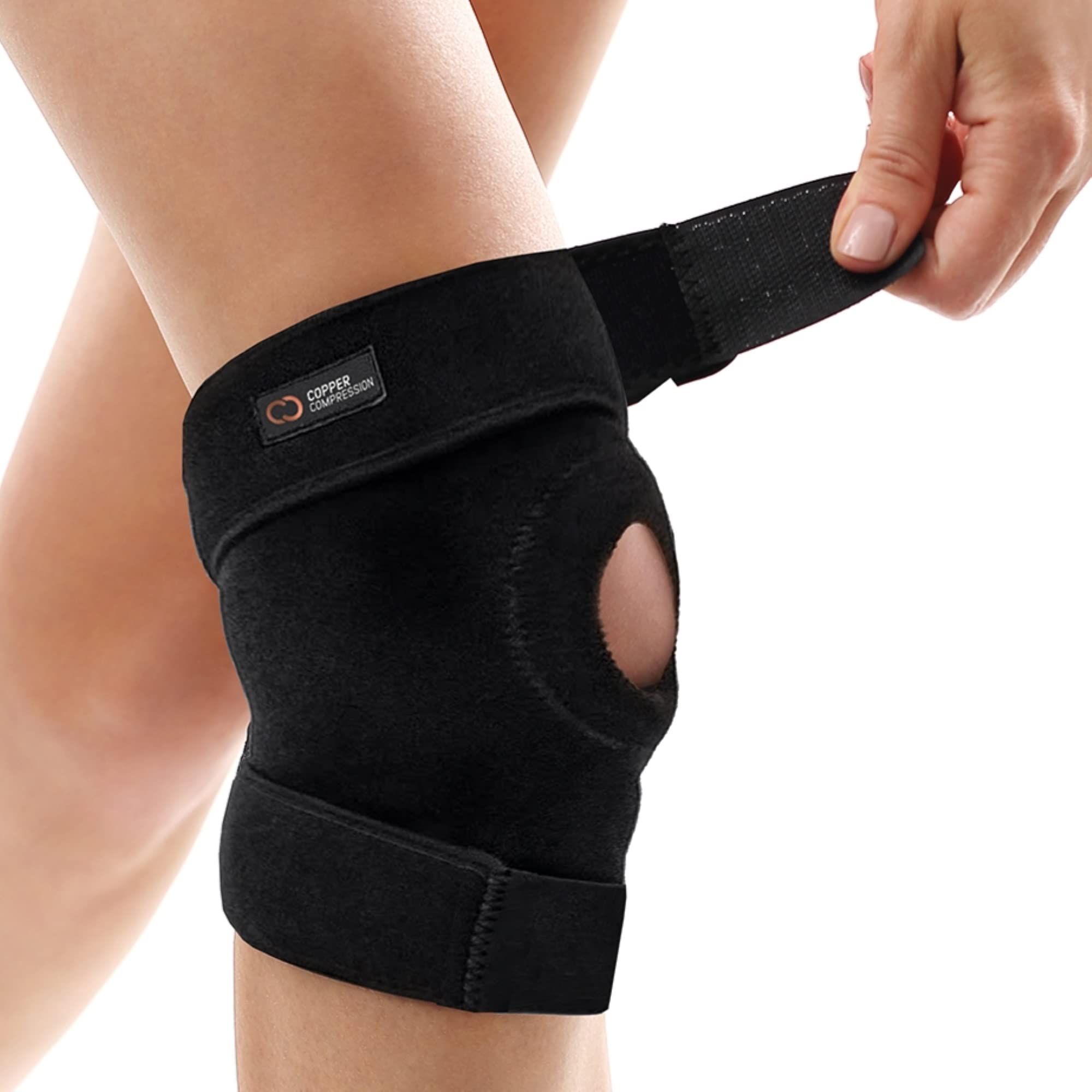 Copper Compression Extra Support Knee Brace - Open Patella Neoprene Stabilizer Design for Sprain, Athletic Injury Recovery - Adjustable for Men & Women - Fits Right/Left Knees - 1 Brace