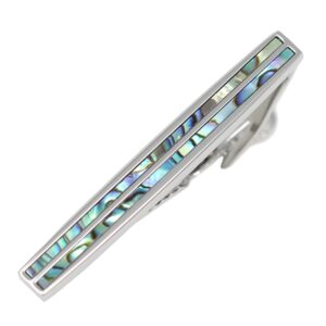 MENDEPOT Classic Rhodium Plated Two Line Abalone Tie Clip With Box Abalone Stripe Tie Bar