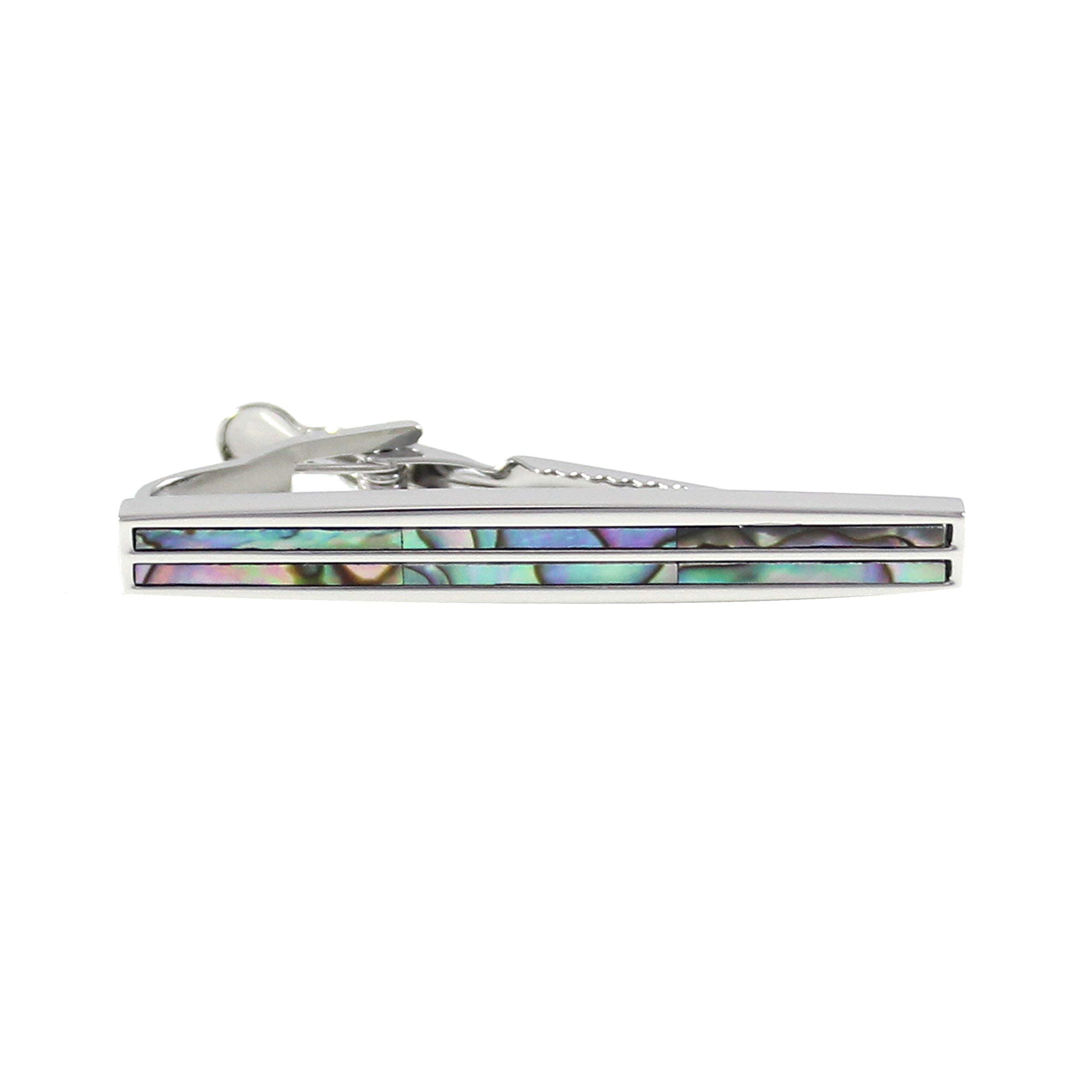 MENDEPOT Classic Rhodium Plated Two Line Abalone Tie Clip With Box Abalone Stripe Tie Bar