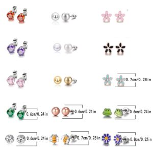 30 Pairs Stainless Steel Mixed Color Cute Animals Fox Heart Star Ladybug Bee Frog Mushroom Tree Daisy Umbrella Rose Gold White Pearl CZ Jewelry Stud Earrings Set (animal tree pearl)