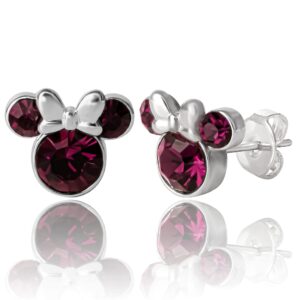 Disney Womens Minnie Mouse February Birthstone Stud Earrings - Minnie Mouse Earrings - Disney Jewelry (February-Amethyst Crystal)