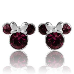 Disney Womens Minnie Mouse February Birthstone Stud Earrings - Minnie Mouse Earrings - Disney Jewelry (February-Amethyst Crystal)