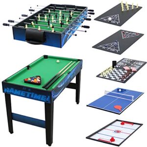 sunnydaze 10-in-1 game table - combination multi-game table with billiards, push hockey, foosball, ping pong, and more - 49.5-inch - game time blue