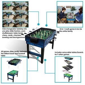 Sunnydaze 10-in-1 Game Table - Combination Multi-Game Table with Billiards, Push Hockey, Foosball, Ping Pong, and More - 49.5-Inch - Game Time Blue