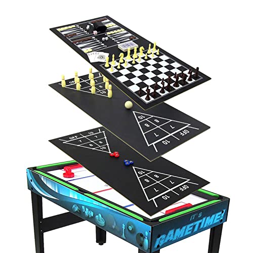 Sunnydaze 10-in-1 Game Table - Combination Multi-Game Table with Billiards, Push Hockey, Foosball, Ping Pong, and More - 49.5-Inch - Game Time Blue