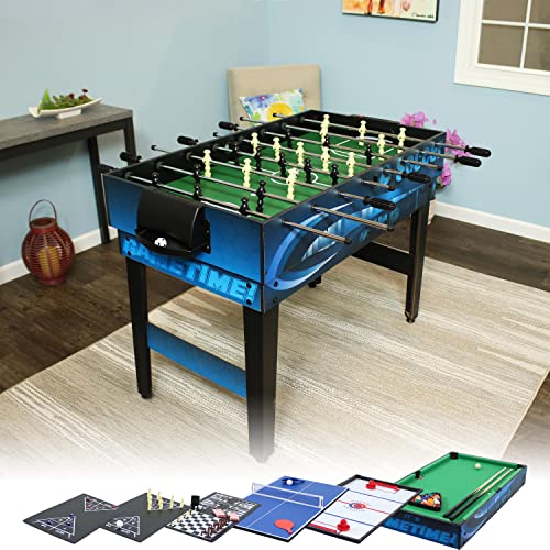 Sunnydaze 10-in-1 Game Table - Combination Multi-Game Table with Billiards, Push Hockey, Foosball, Ping Pong, and More - 49.5-Inch - Game Time Blue