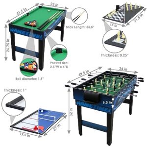 Sunnydaze 10-in-1 Game Table - Combination Multi-Game Table with Billiards, Push Hockey, Foosball, Ping Pong, and More - 49.5-Inch - Game Time Blue