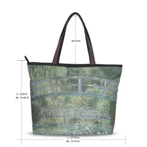 WIHVE Tote Bag Japanese Bridge Water-Lily Pond Monet Shoulder Handbag Travel Beach Bag