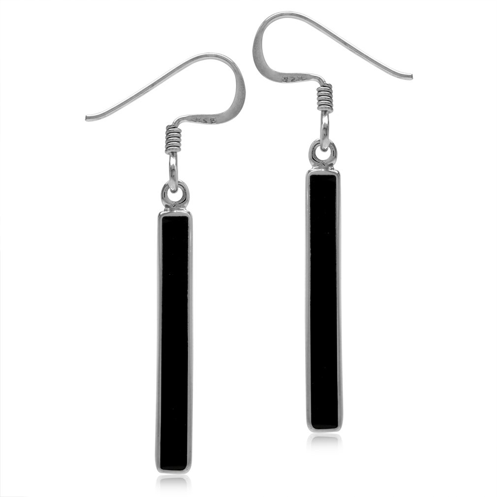 Silvershake Created Black Onyx Inlay White Gold Plated 925 Sterling Silver Stick Dangle Hook Earrings