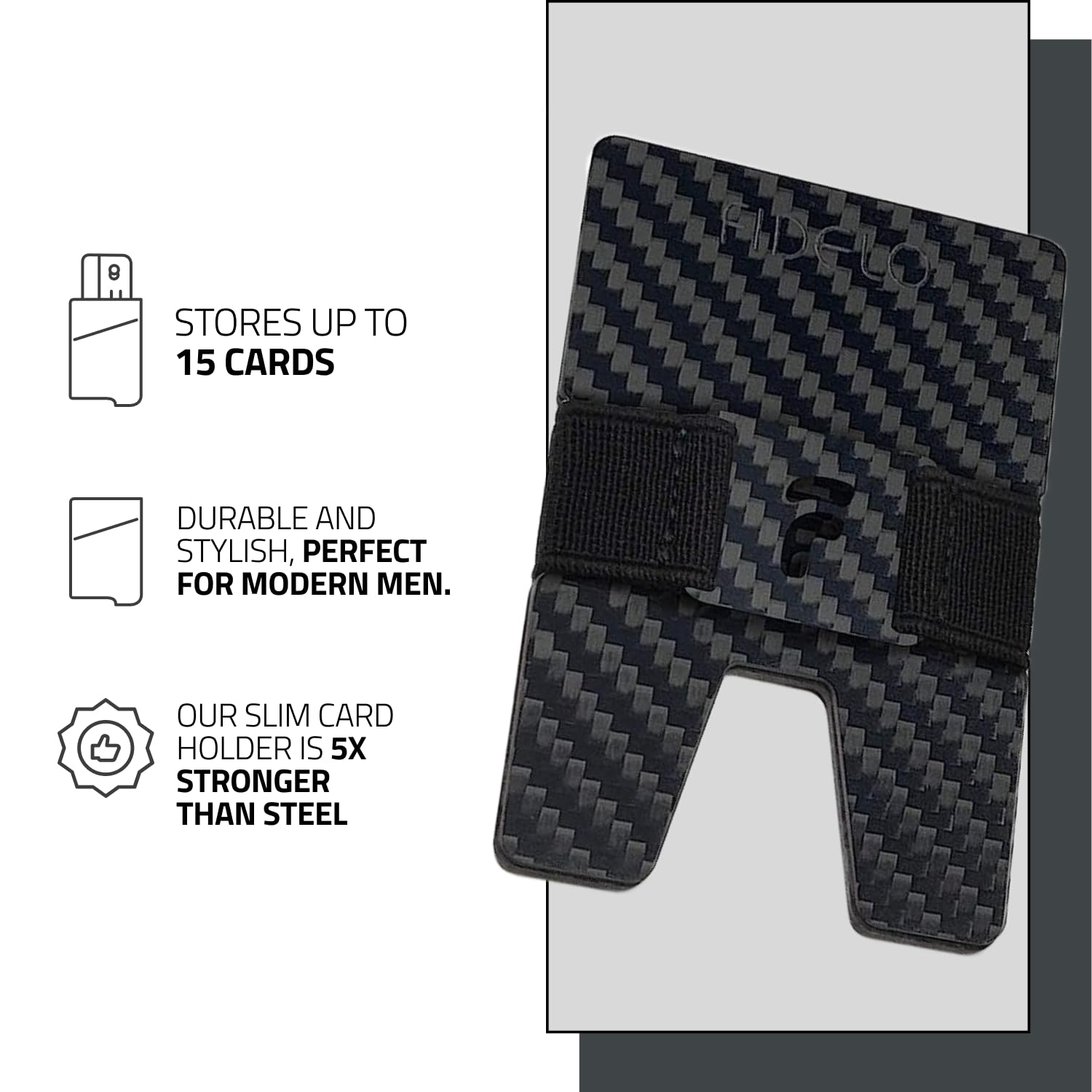 Fidelo Minimalist Wallet For Men - Slim RFID Blocking Mens Wallets Credit Card Holder. 3K Carbon Fiber. Compact Wallet Comes With 4 Cash Bands (Black, Dark Grey, Light Grey & Blue) - Prestige