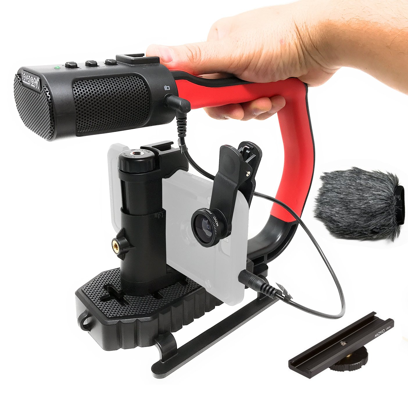 Sevenoak MicRig Universal Video Grip Handle with Integrated Stereo Microphone, Windscreen, and Shoe Extender Bracket for DSLR Cameras, iPhone, Android Smartphones and GoPro (Red)