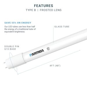 PARMIDA 20-Pack 4FT LED T8 Ballast Bypass Type B Light Tube, 18W, UL-Listed for Single-Ended & Dual-Ended Connection, 2200lm, Frosted Lens, T8 T10 T12, UL, FCC - 5000K