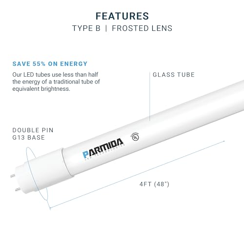 PARMIDA 20-Pack 4FT LED T8 Ballast Bypass Type B Light Tube, 18W, UL-Listed for Single-Ended & Dual-Ended Connection, 2200lm, Frosted Lens, T8 T10 T12, UL, FCC - 5000K