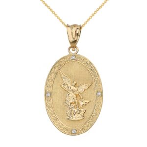 14k yellow gold diamond accented 1” oval saint michael the archangel pendant necklace (g-h color, si1-si2 clarity) - 18" chain