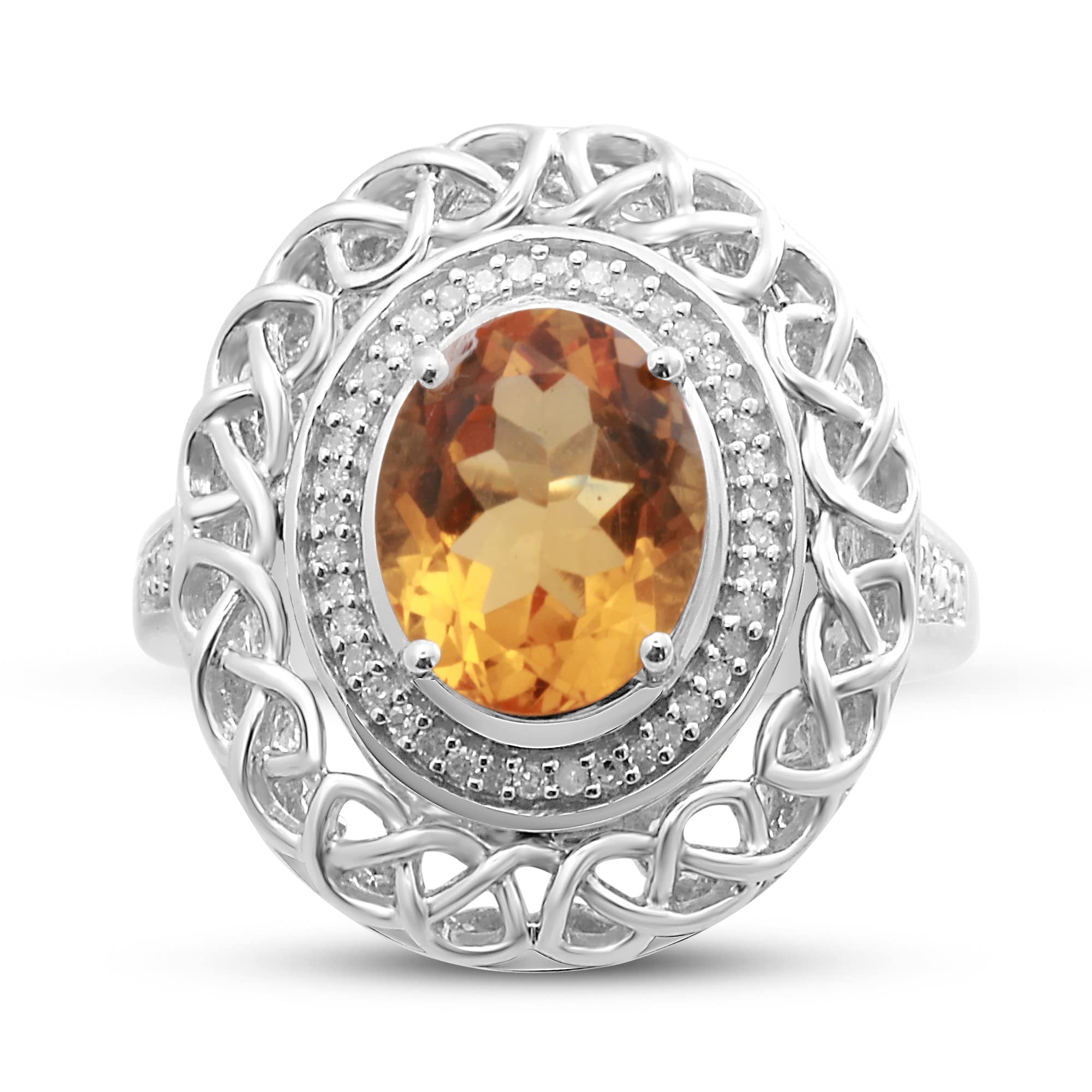 Jewelili Sterling Silver 10x8mm Oval Citrine and 1/10 Cttw Diamond Halo Ring, Size 7