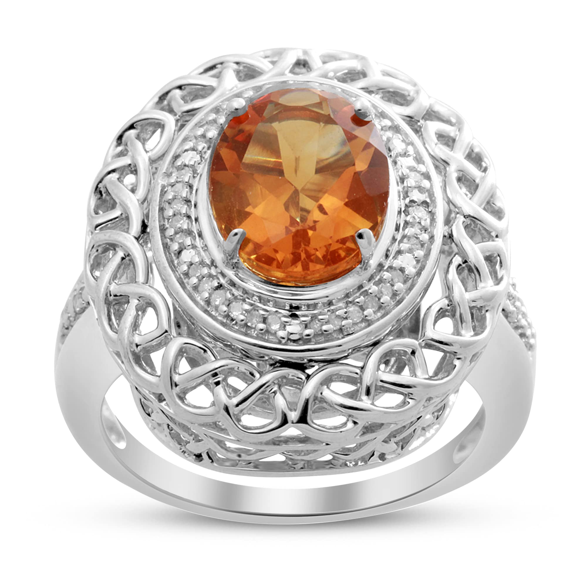 Jewelili Sterling Silver 10x8mm Oval Citrine and 1/10 Cttw Diamond Halo Ring, Size 7