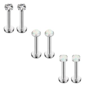 ruifan 3mm white opal & clear cz internally threaded stainless steel labret monroe lip ring tragus helix earring stud 16g 5/16" 8mm 6pcs