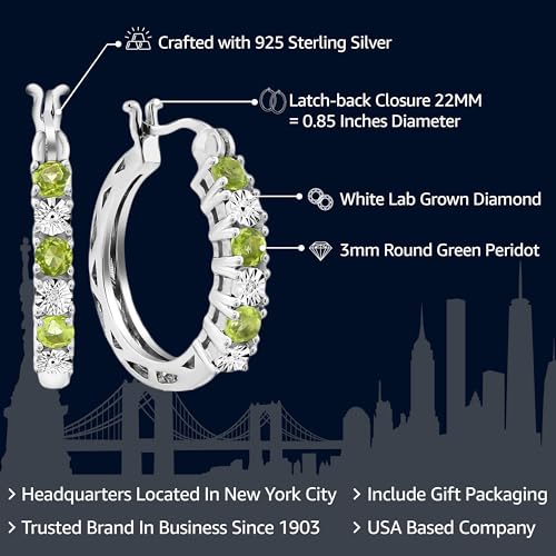 Gem Stone King 925 Sterling Silver Green Peridot and White Diamond Accent Hoop Earrings For Women (0.83 Cttw, Gemstone Birthstone, 22MM = 0.85 Inches Diameter)