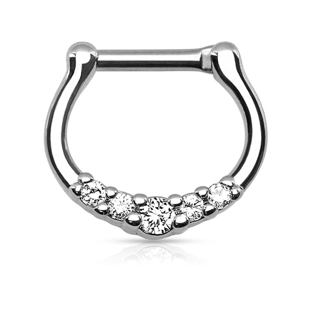 Amelia Fashion 16G Nose Septum/Ear Cartilage Clicker Ring 316L Surgical Steel 5 CZ Inlay (Choose Color) (Clear)