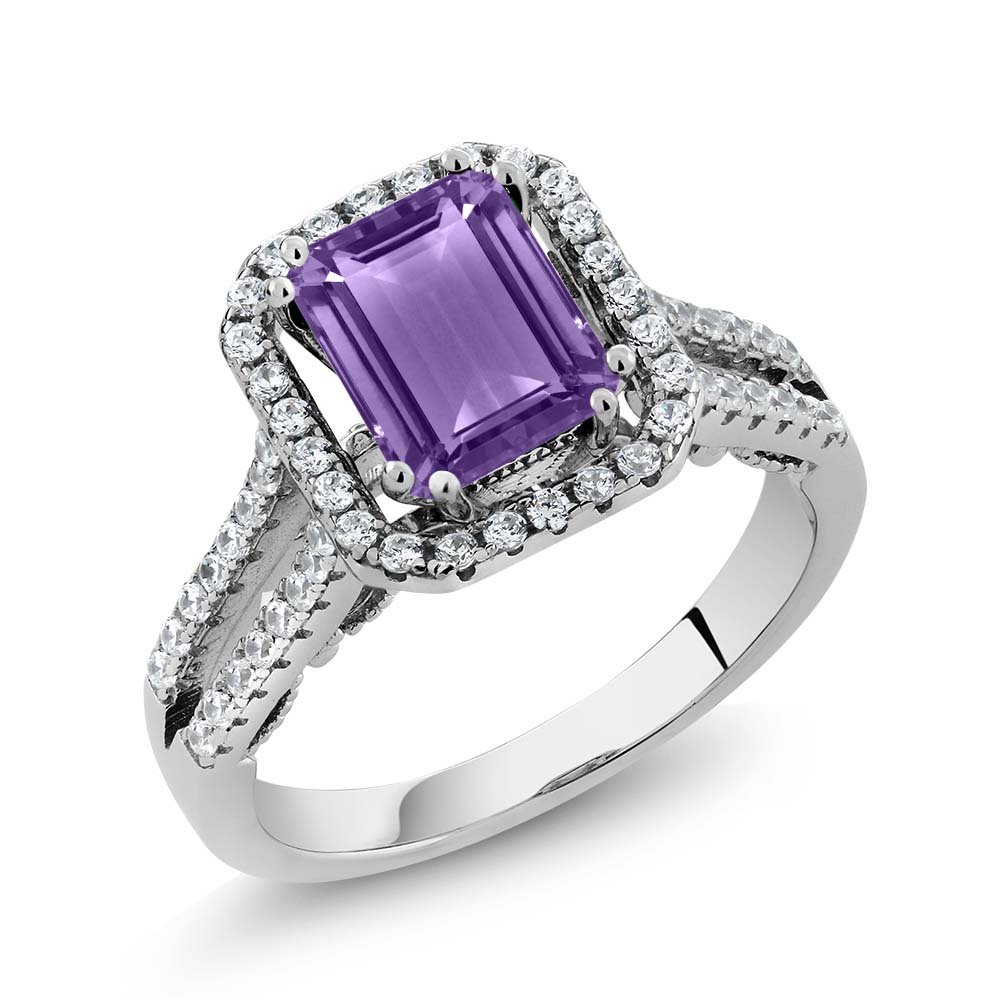 Gem Stone King 2.78 Cttw Purple Amethyst Engagement Ring For Women In 925 Sterling Silver | Emerald Cut 9X7MM | Gemstone Birthstone | Available In Size 5, 6, 7, 8, 9