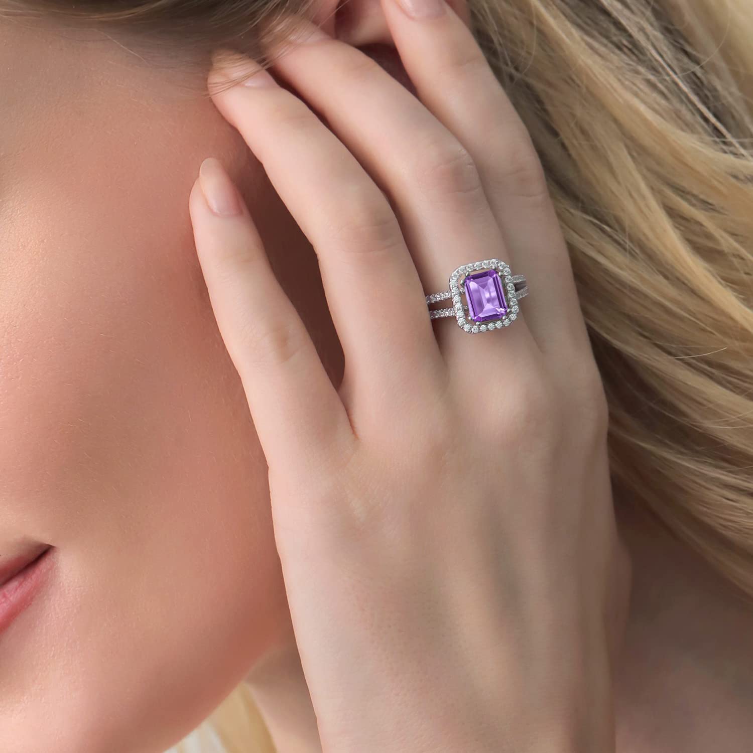 Gem Stone King 2.78 Cttw Purple Amethyst Engagement Ring For Women In 925 Sterling Silver | Emerald Cut 9X7MM | Gemstone Birthstone | Available In Size 5, 6, 7, 8, 9