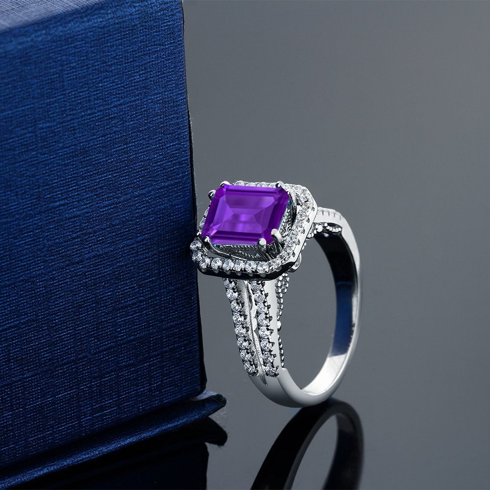 Gem Stone King 2.78 Cttw Purple Amethyst Engagement Ring For Women In 925 Sterling Silver | Emerald Cut 9X7MM | Gemstone Birthstone | Available In Size 5, 6, 7, 8, 9