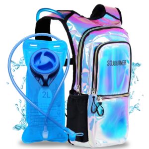 sojourner rave hydration pack backpack - 2l water bladder included for festivals, raves, hiking, biking, climbing, running and more (holographic - blue)