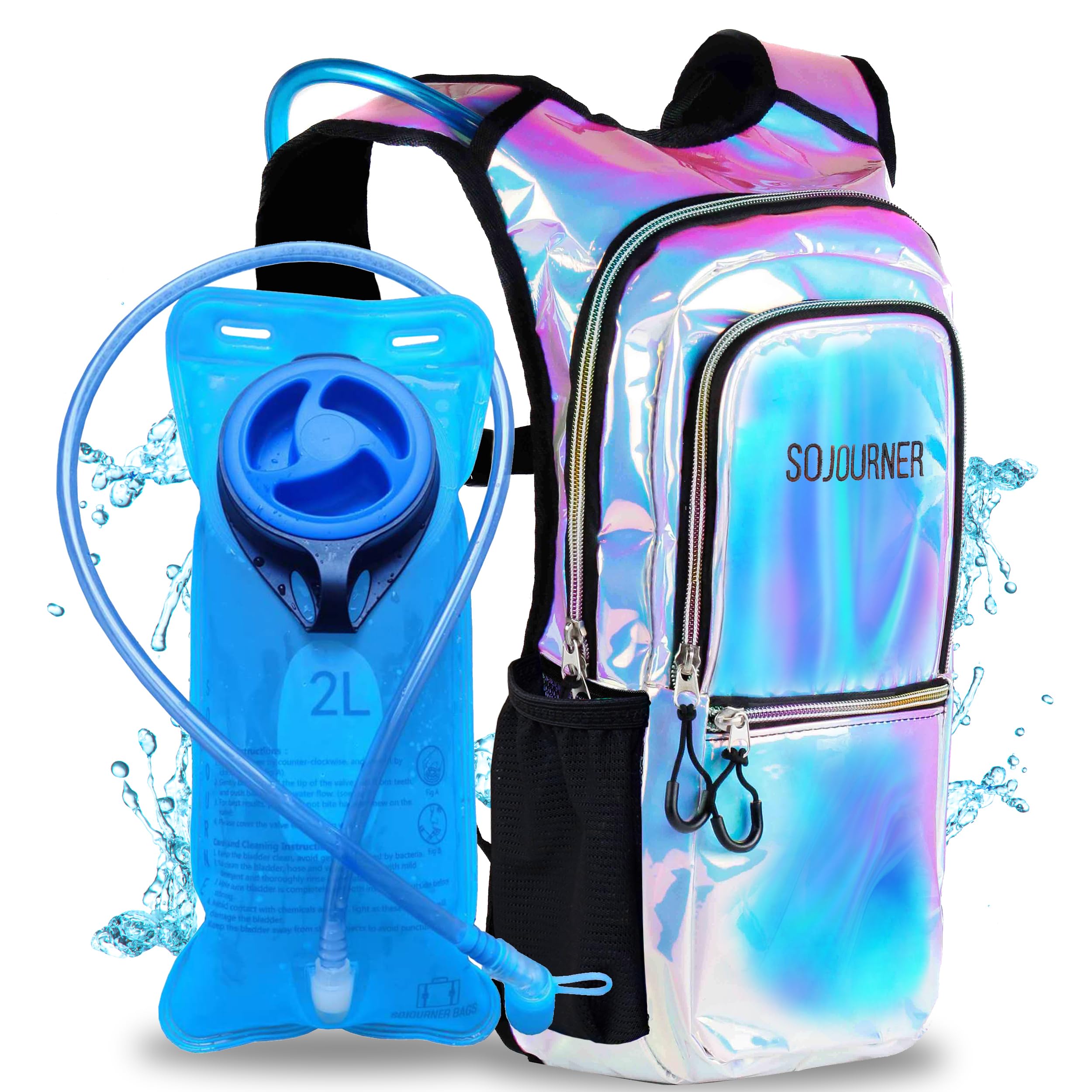 SOJOURNER Rave Hydration Pack Backpack - 2L Water Bladder Included for Festivals, Raves, Hiking, Biking, Climbing, Running and More (Holographic - Blue)