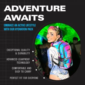 SOJOURNER Rave Hydration Pack Backpack - 2L Water Bladder Included for Festivals, Raves, Hiking, Biking, Climbing, Running and More (Holographic - Blue)