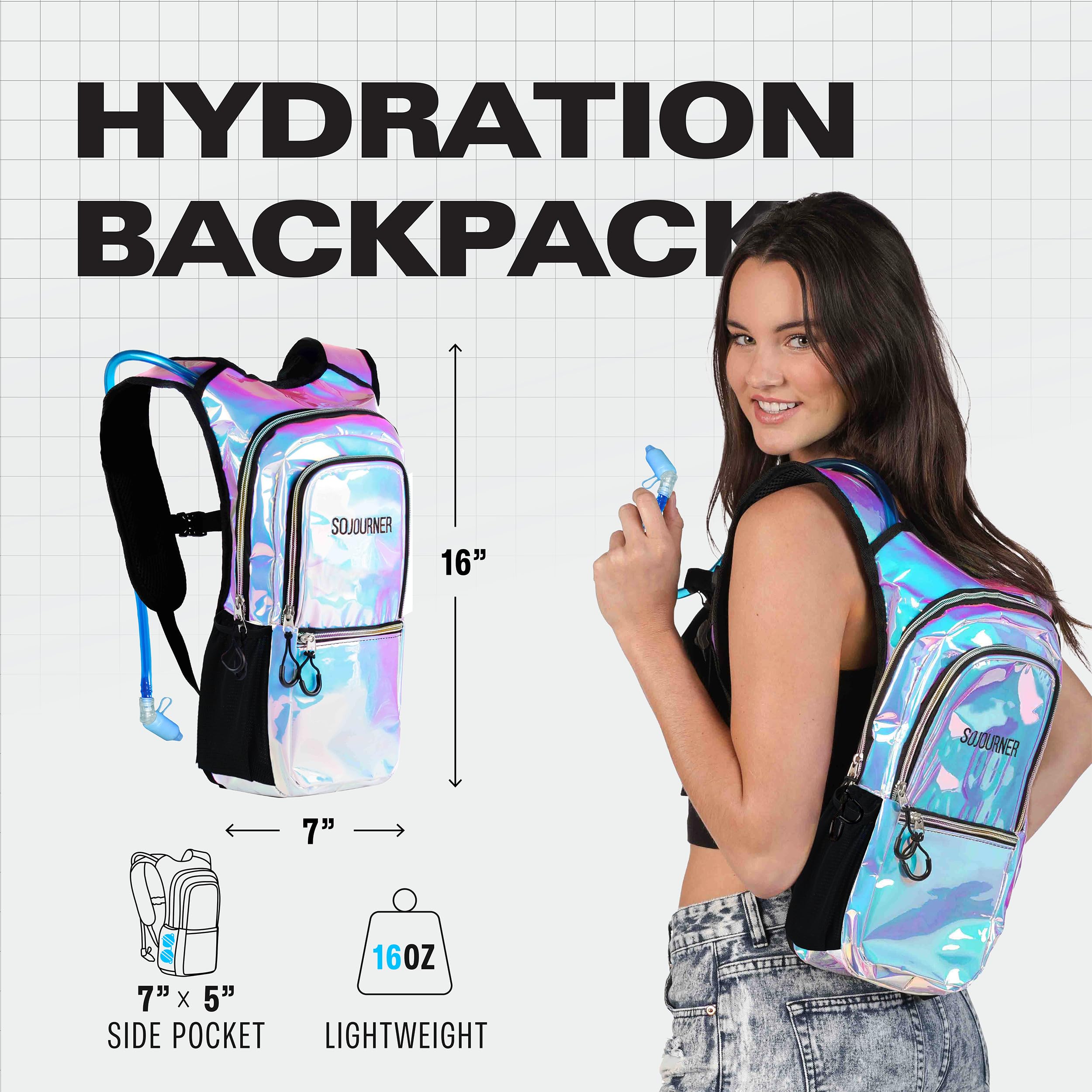 SOJOURNER Rave Hydration Pack Backpack - 2L Water Bladder Included for Festivals, Raves, Hiking, Biking, Climbing, Running and More (Holographic - Blue)