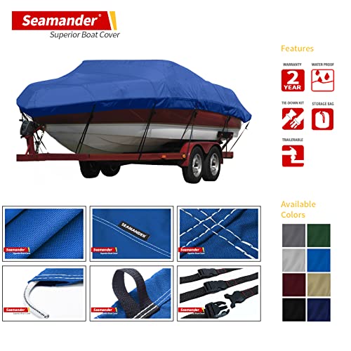 Seamander Heavy Duty Polyester Boat Cover, Solution-dyed Yarn Marine Grade,Waterproof Fits Bass Boat, V-Hull Tri-Hull Boat,Fish & Ski Boat, Runabout Bowrider Boat, 17' 18' 19' Length