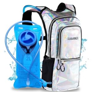 SOJOURNER Rave Hydration Pack Backpack - 2L Water Bladder Included for Festivals, Raves, Hiking, Biking, Climbing, Running and More (Multiple Styles) (Holographic - Silver)