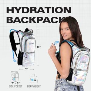 SOJOURNER Rave Hydration Pack Backpack - 2L Water Bladder Included for Festivals, Raves, Hiking, Biking, Climbing, Running and More (Multiple Styles) (Holographic - Silver)