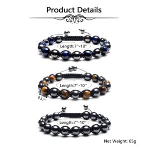 Top Plaza Men's Women's Reiki Healing Energy Natural Tiger Eye Stone Hematite Therapy Beads Macrame Adjustable Braided Link Bracelet(Set Of 3)