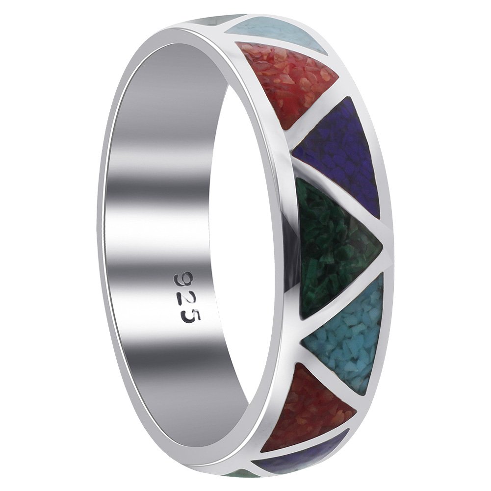 Southwestern Style Multi Gemstone 6mm Wedding Band 925 Sterling Silver Ring for Women Size 13