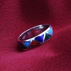 Southwestern Style Multi Gemstone 6mm Wedding Band 925 Sterling Silver Ring for Women Size 13