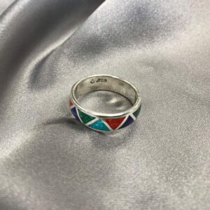 Southwestern Style Multi Gemstone 6mm Wedding Band 925 Sterling Silver Ring for Women Size 13