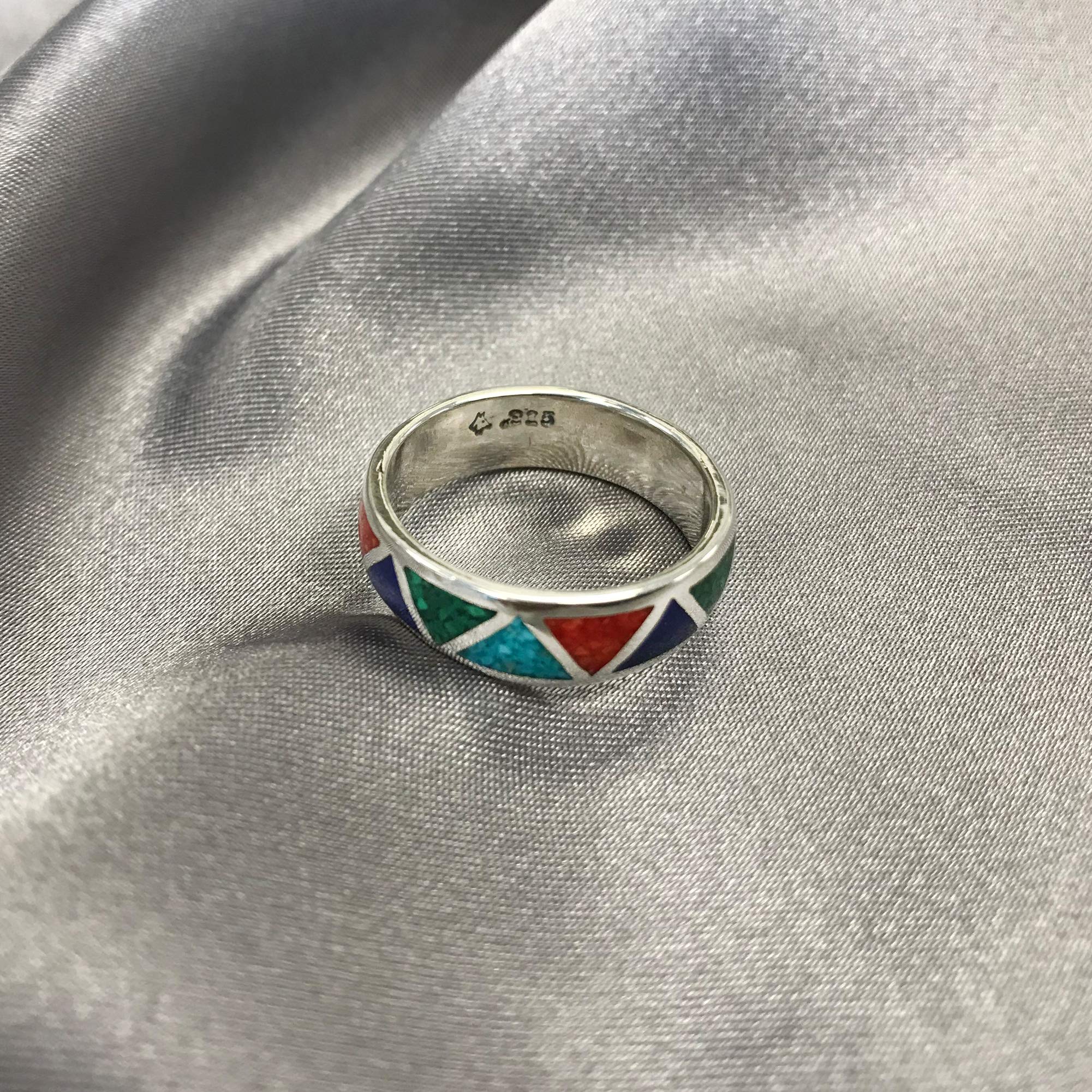 Southwestern Style Multi Gemstone 6mm Wedding Band 925 Sterling Silver Ring for Women Size 13