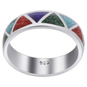 Southwestern Style Multi Gemstone 6mm Wedding Band 925 Sterling Silver Ring for Women Size 13