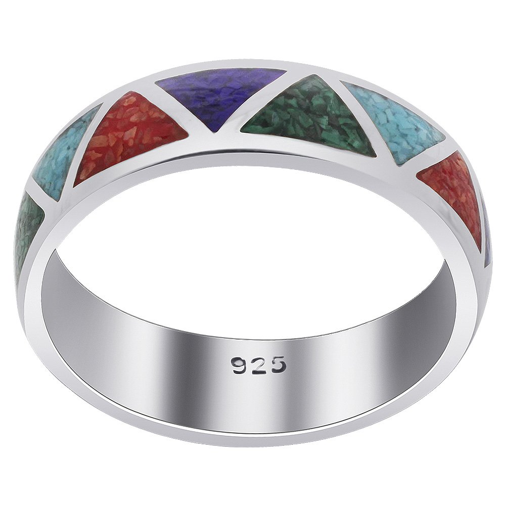 Southwestern Style Multi Gemstone 6mm Wedding Band 925 Sterling Silver Ring for Women Size 13