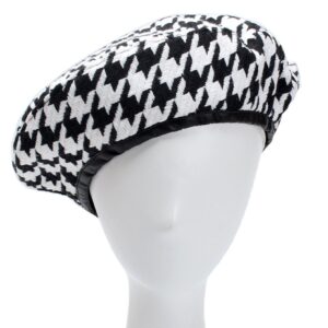 Qiabao Women's Luxury Houndstooth Pattern Beret Beanie Hat (Black/White)