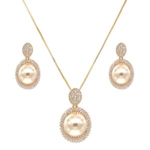 Lavencious Oval Dangle Jewelry Set Cream Color Pearl Necklace & Earrings Trendy AAA Cubic Zirconia Gold Plated For Women (Gold)