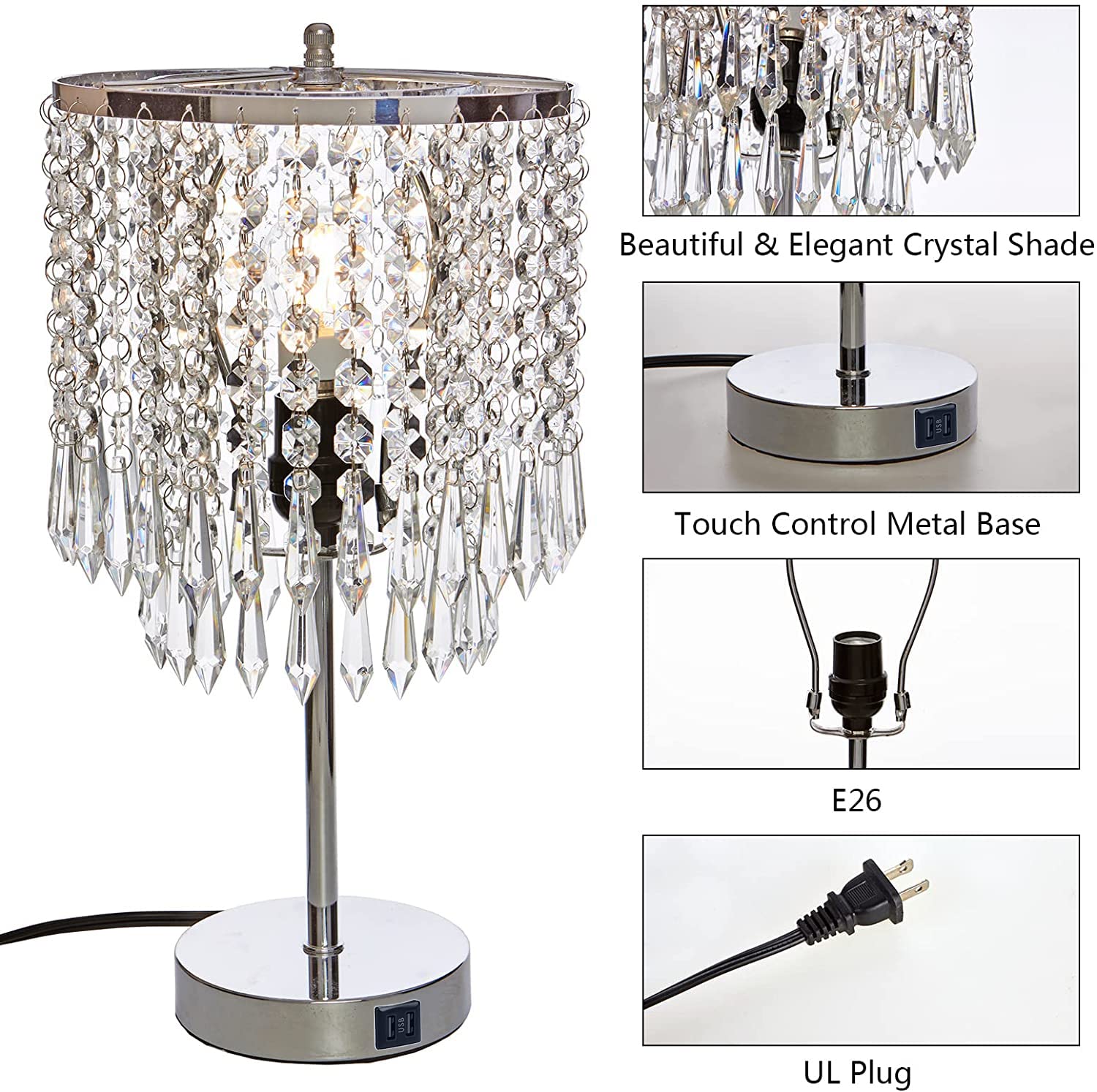 Popity home Crystal Table Lamp with Touch Control,Silver Lamp with Dual USB Charging Ports, 3 Way Dimmable Small Glam Lamp for Girls Bedroom, Living Room…