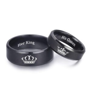 lavumo king and queen rings for couples - 2pcs his hers stainless steel matching ring sets for him and her - promise engagement wedding band black comfort fit (men 9 & women 9)