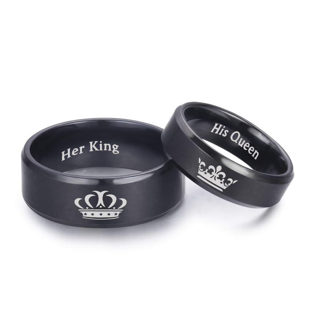 LAVUMO King and Queen Rings for Couples - 2pcs His Hers Stainless Steel Matching Ring Sets for Him and Her - Promise Engagement Wedding Band Black Comfort Fit (Men 9 & Women 9)