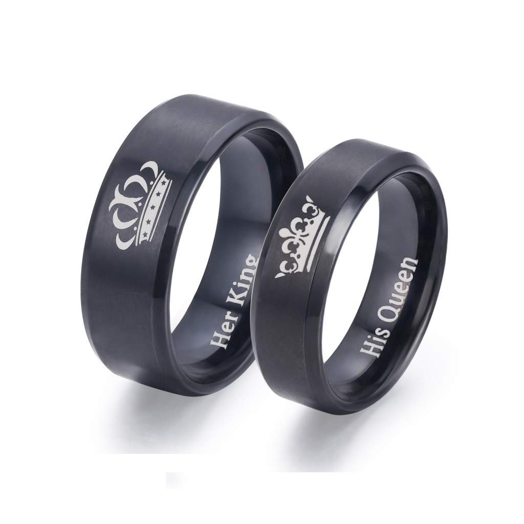 LAVUMO King and Queen Rings for Couples - 2pcs His Hers Stainless Steel Matching Ring Sets for Him and Her - Promise Engagement Wedding Band Black Comfort Fit (Men 9 & Women 9)