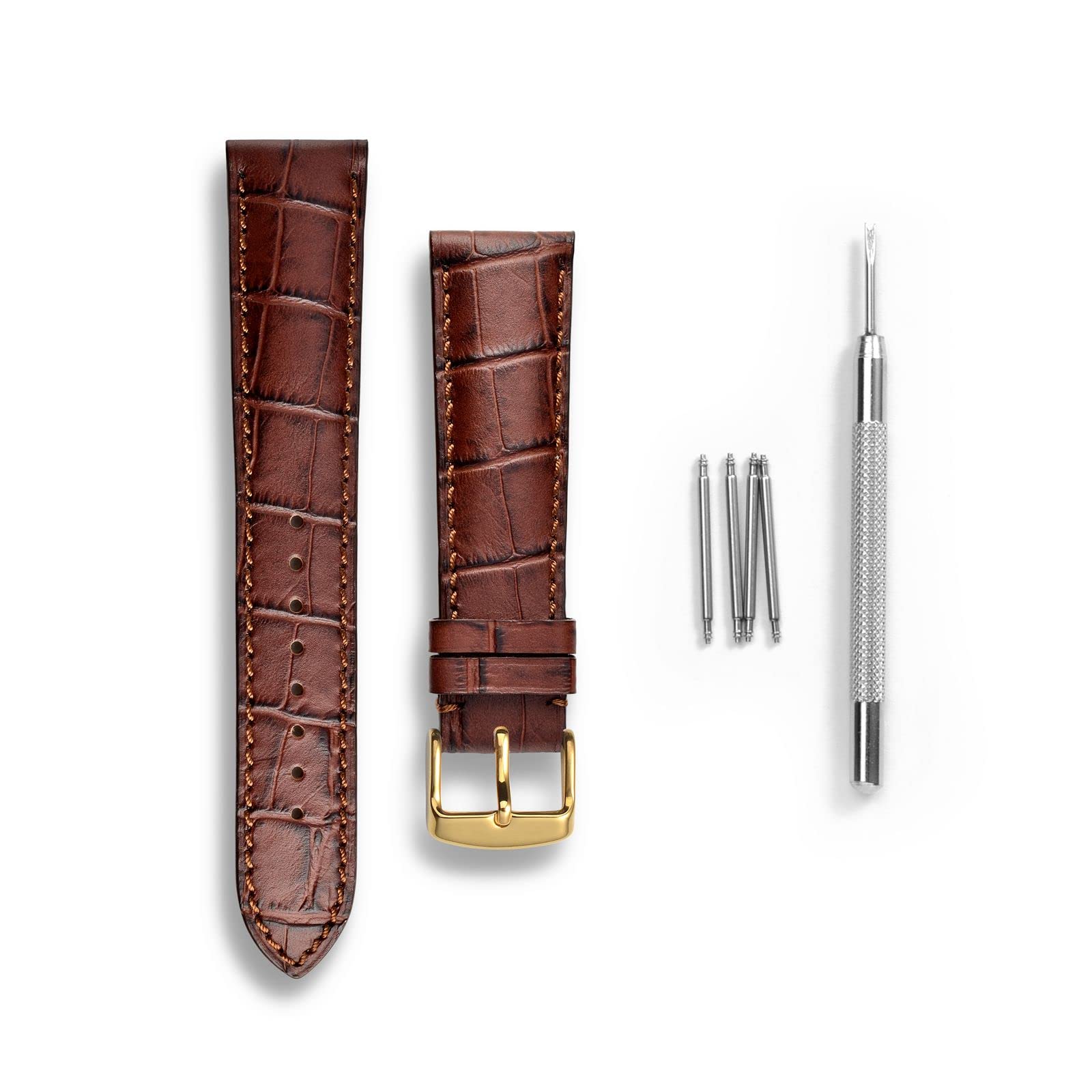 WOCCI 19mm Watch Band, Italian Leather, Embossed Alligator Grain, Gold Buckle (Brown)