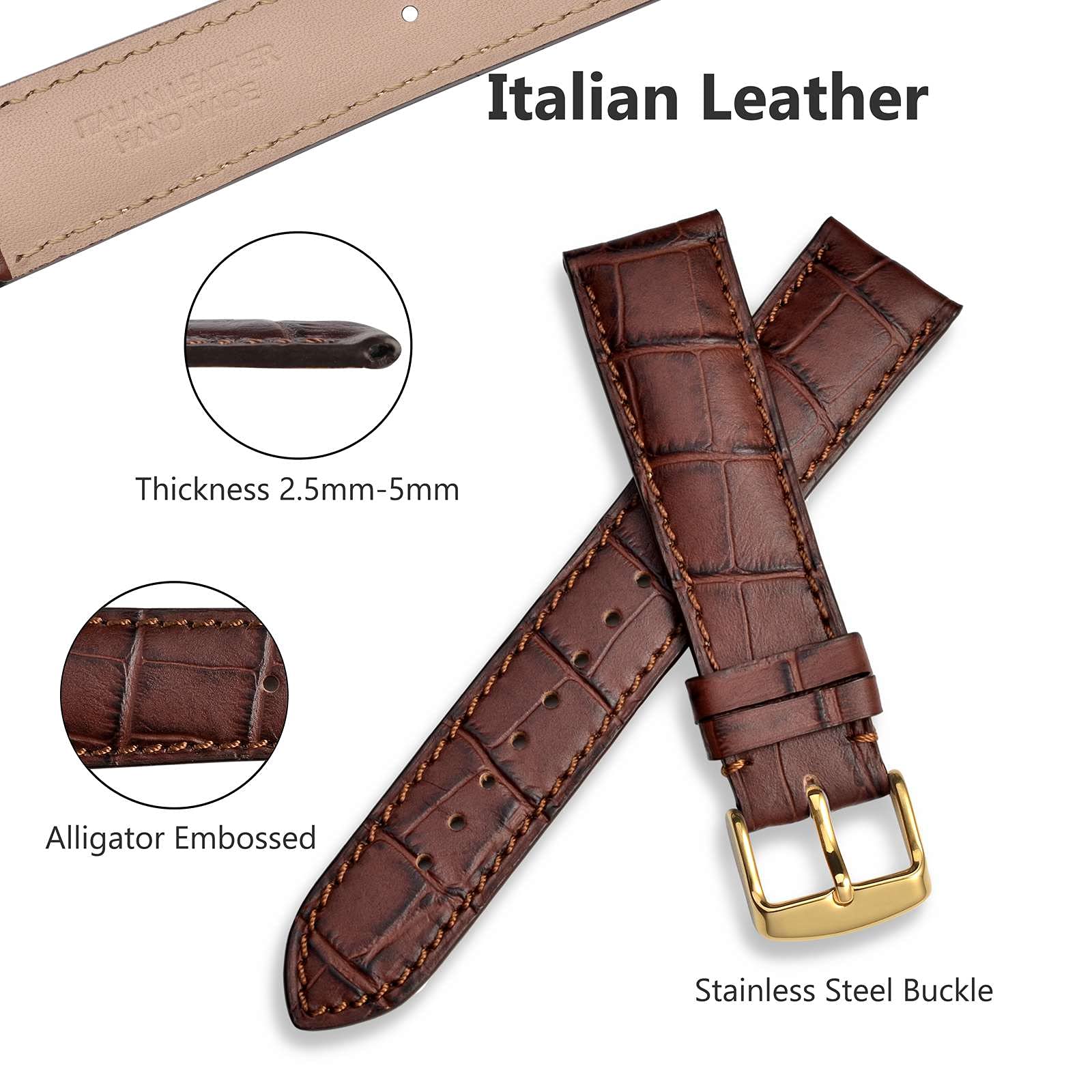 WOCCI 19mm Watch Band, Italian Leather, Embossed Alligator Grain, Gold Buckle (Brown)