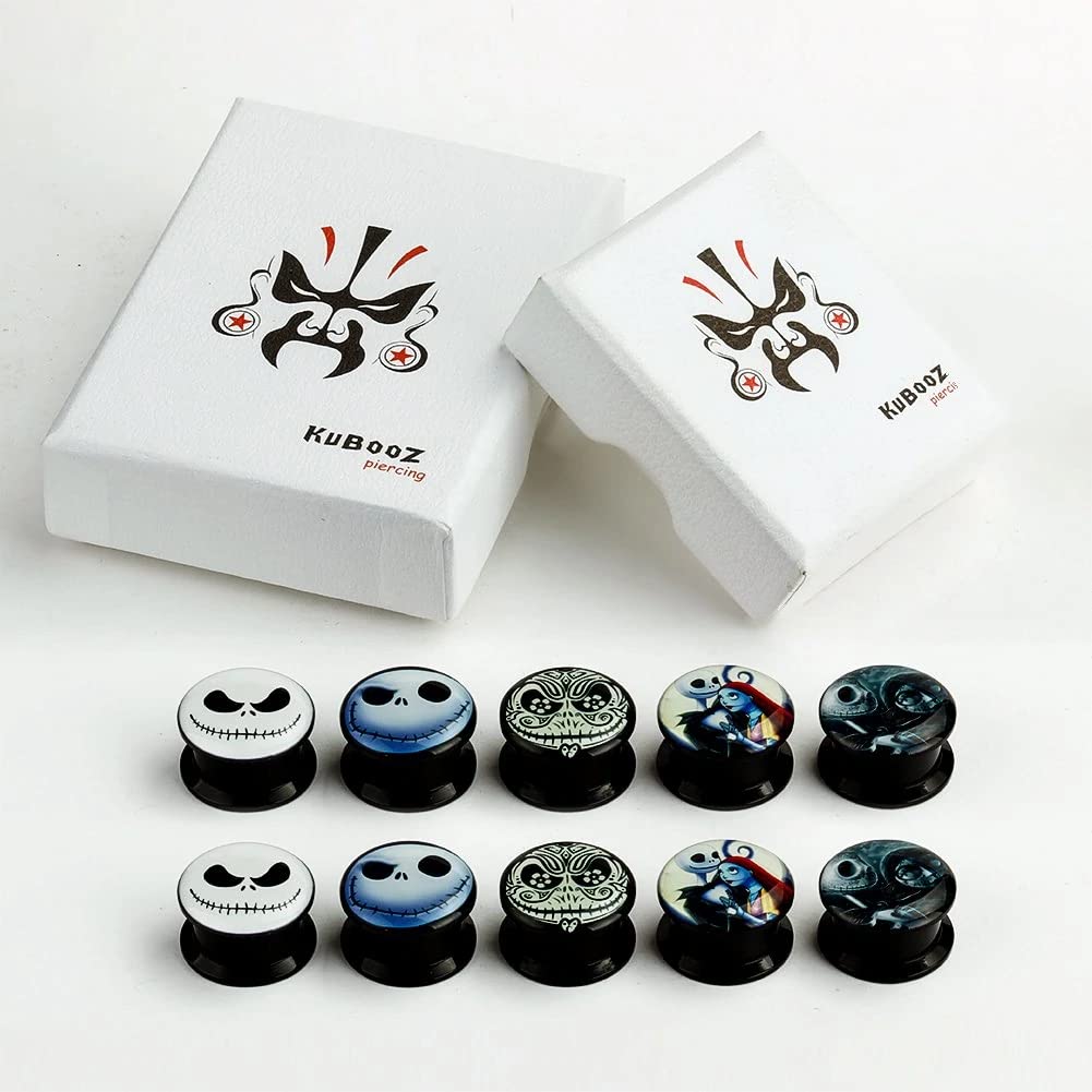 KUBOOZ(5 Pairs) Smiling-Skull Acrylic Ear Plugs Tunnels Gauges Stretcher Piercings, 10 grams